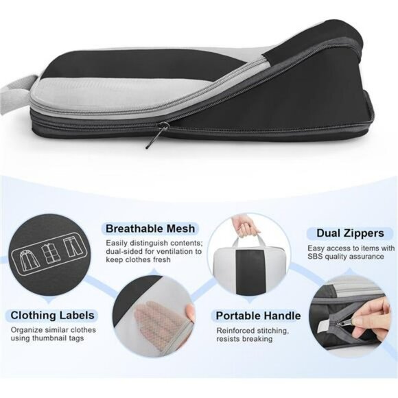 Compression Packing Cubes Set Luggage Organizer Bags Travel Essentials Black - Picture 6 of 8